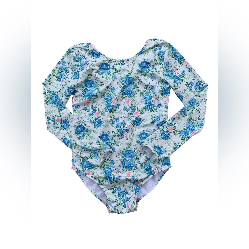 SweetHoney Size 12 Years White with Blue Flowers Ruffle Leotard